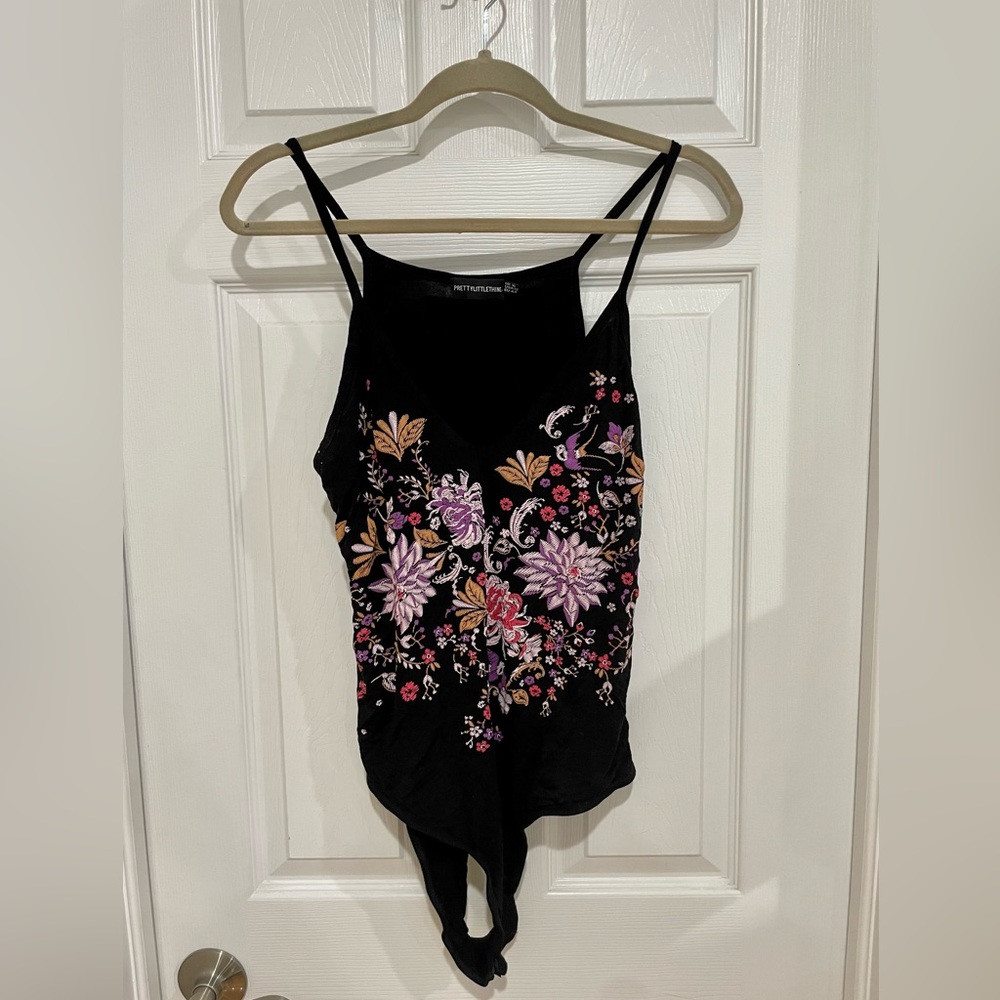 Size 12 Pretty Little Thing black floral bodysuit